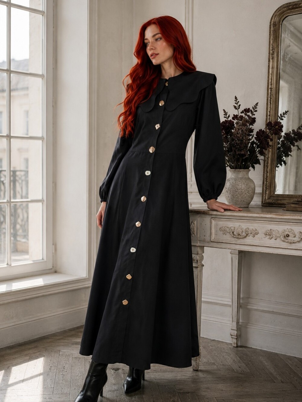 NWT Touché Privé Black Peter Pan Collar Maxi Dress 36 / US 4